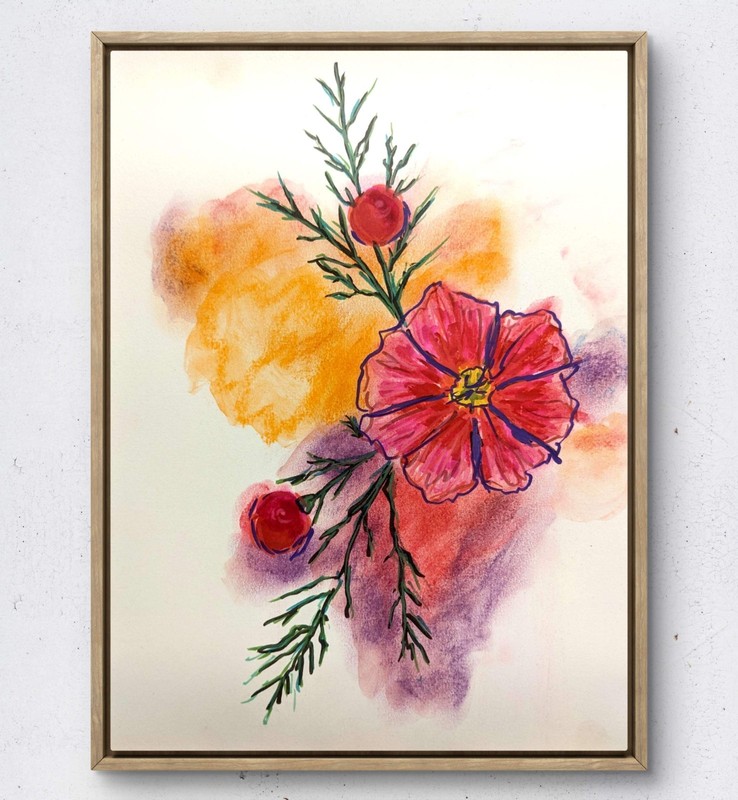 BirkeloART 9×12 Holiday Floral Berry Branch Original Mixed Media Paper Wall Art