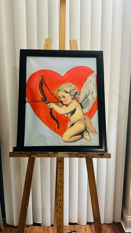 Framed Cupid with Bow and Heart Canvas Painting, Romantic Love Art