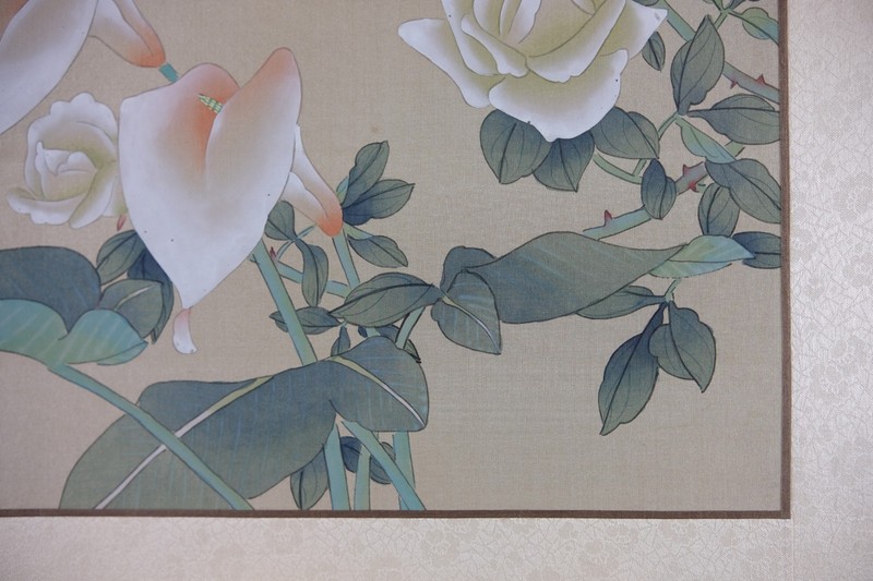 Vintage Oriental Painting, Asian Watercolor on Silk Paper, Flower and Butterfly gallery