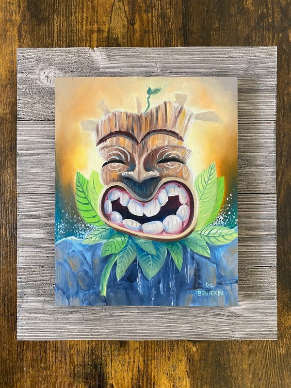 Tiki Painting Original Oil on Panel 8x10" Fire and Ice Tiki - Framed 12x13" gallery