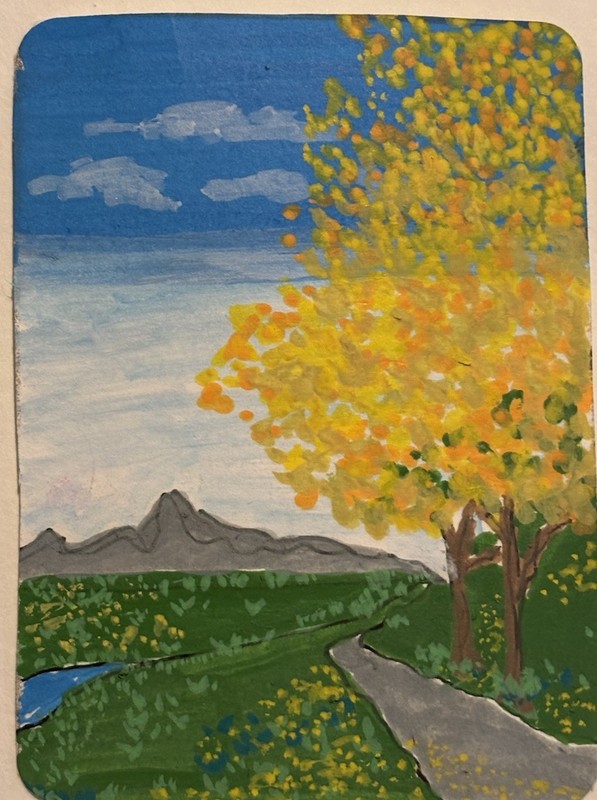Original ACEO Art In Acrylic, Yellow Path, 2×5 X 3.5 Mini Art Signed By Artist