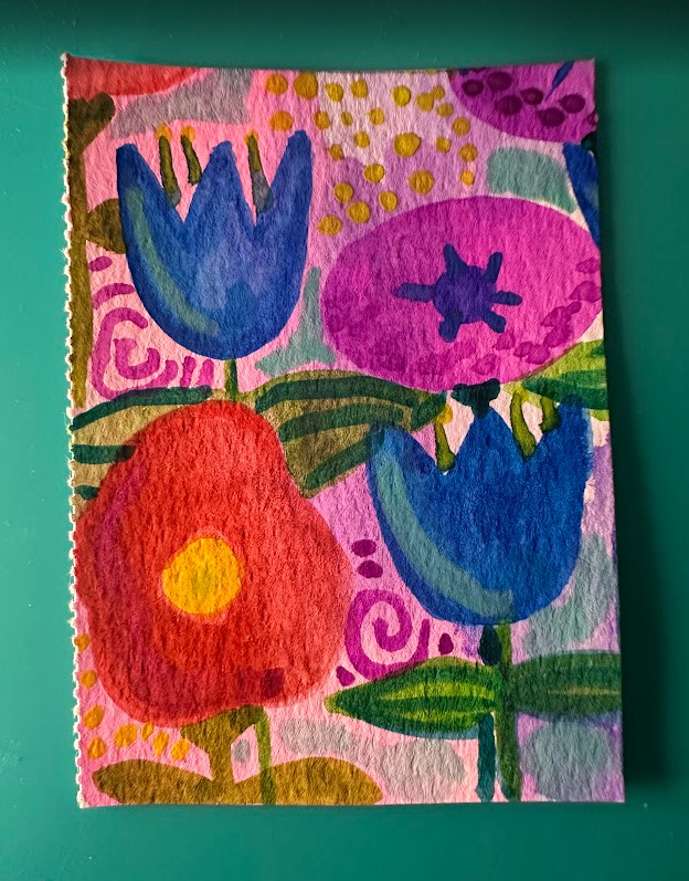 ACEO original OOAK Tulips in Bloom 2 (2/4) watercolor, floral, red, pink