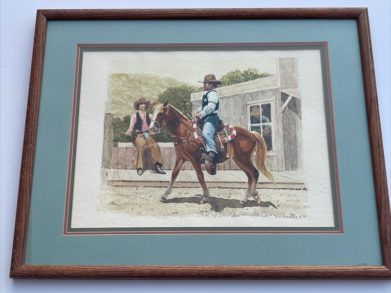 VINTAGE COWBOY WESTERN PAINTING HORSE RANCH PAUL G FUENTES SHERIFF AMERICAN ART