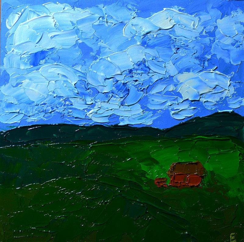 Hills Landscape Oil House Original Painting Wall Art Sky Clouds size 6 x 6 in