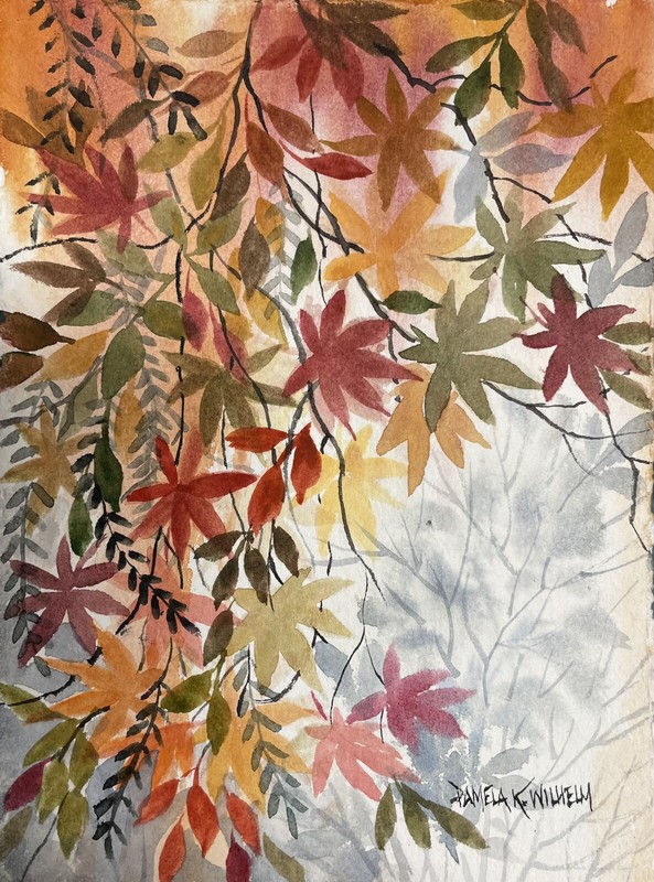 5.5”x7.5” Original Watercolor Pamela Wilhelm Red Orange Yellow Green Leaves Vine