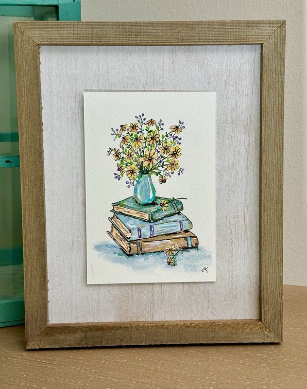 Books And Flowers Original Painting, Small Art, 4×6”, Floral Books, ACEO