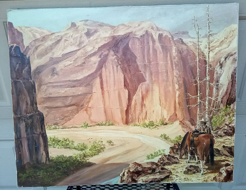 Vintage western southwest oil painting horse cows N Sorenson signed 24×29″