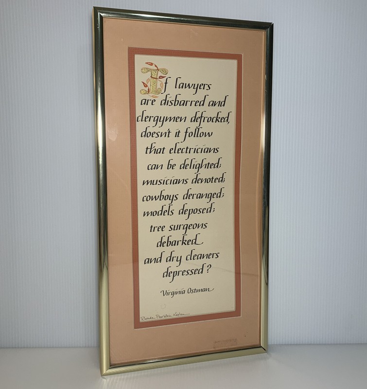 80s Style Framed Calligraphy Quote Virginia Ostman Lawyer Clergyman 8.5 x 16.5" gallery