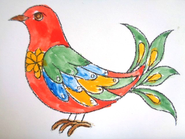 ACEO Colorful FOLKART BIRD Painting ART