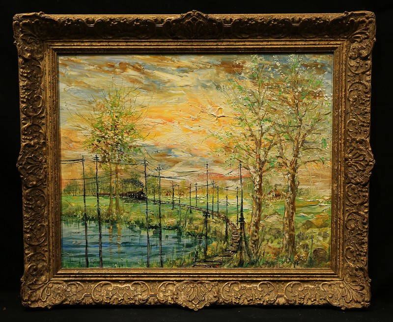 20th Century Italian American Landscape with Lake and a Train