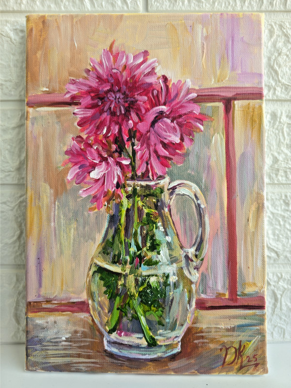 Original PAINTING «Bouquet of FLOWERS Dahlia». Still life 20×30 cm