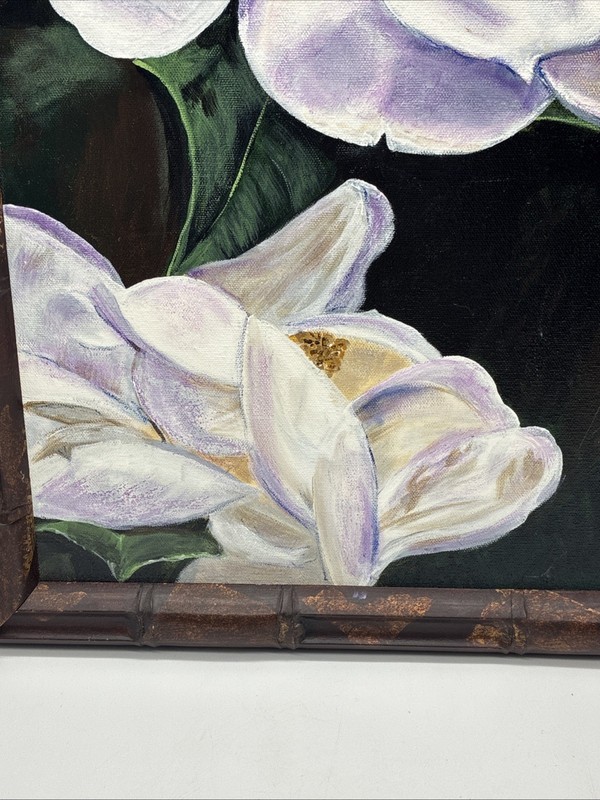 2001 Signed Framed Original Acrylic Faux Bamboo Painting Magnolia Flower Decor gallery