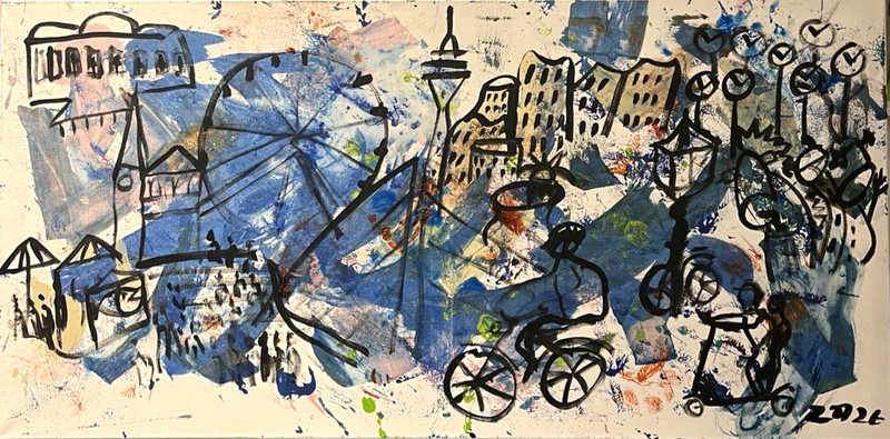 City scene Düsseldorf 60 x 120 cm original sig. Acrylic Picture Expressive Art Milling