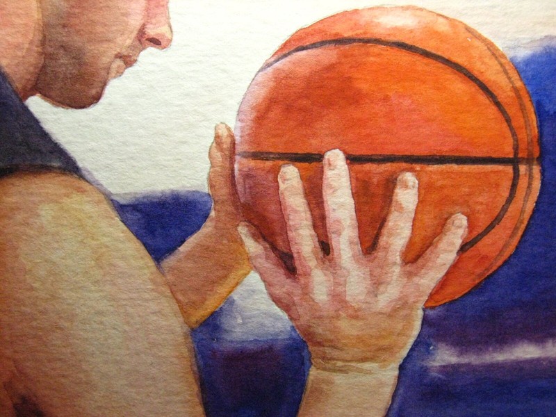 Watercolor Painting Sport Basketball Ball Man Hand ACEO Art ‘