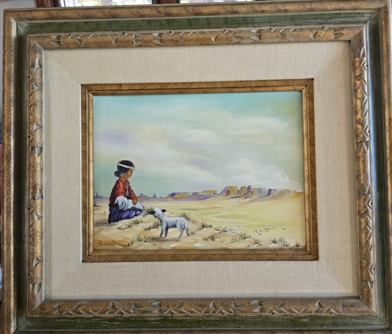 Oil on Canvas SW Landscape w/Native American Child & Lamb Signed AlannA 21 x 18