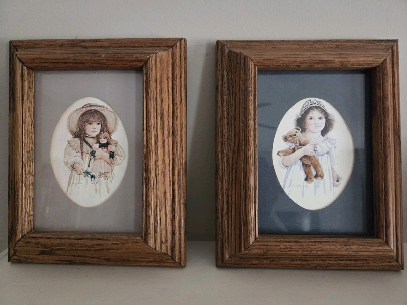 Vtg Jan Hagara Signed Prints Oak Framed Girl with Teddy Bear and Doll Victorian