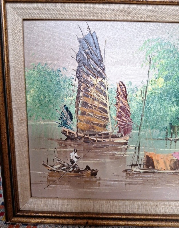 Vtg Expressionist Asian Art Landscape MCM Oil Painting Set of 2 Signed Tang Ping gallery