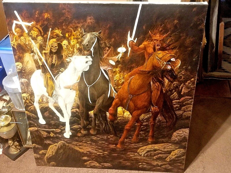 FINE O/C PAINTING 3 HORSEMEN DEATH FAMINE WAR DEAD ARMY CREEPY JAMES CLINE 1985