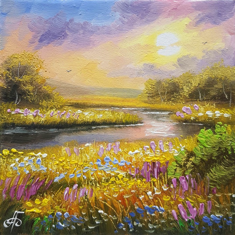 Original Oil Landscape Painting Impressionist Sunset River Meadow Art Canvas Art