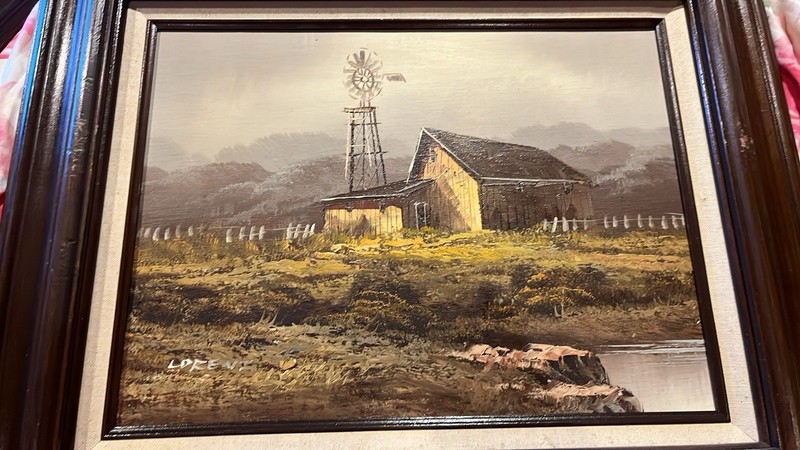 LDFE Signed Framed Realism Landscape Painting, Barn & Windmill Farm Theme