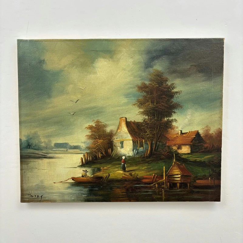 Handcrafted Landscape Oil Painting «River Cottage» Authentic Artwork