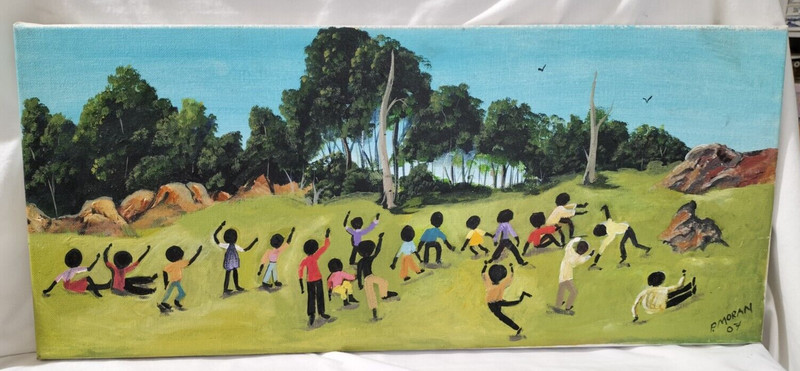 Aboriginal Art Fantastic Piece by P. Moran Church Service Bush Acrylic on Linen