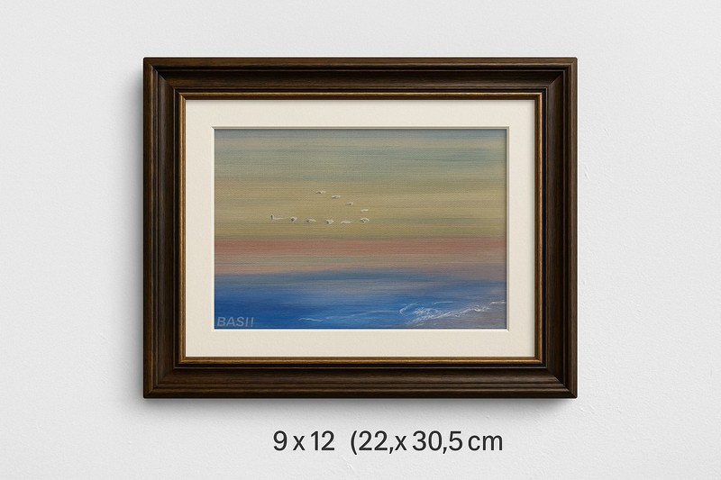 Sunset Seascape with Birds – 9×12 Oil Painting on Canvas Board