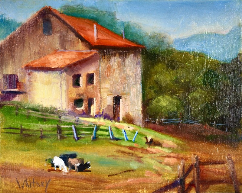 Stone Barn Painting Lombardy Italy Cows Canvas Art Original Oil 8×10 Sue Whitney