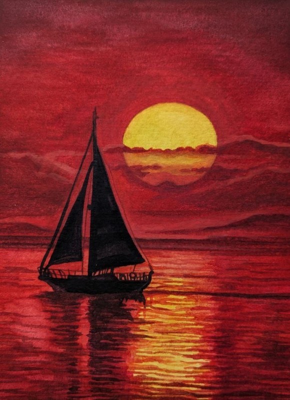 Original Watercolor Painting Seascape Yacht Red Sunset Sailboat, Ocean Wall Art