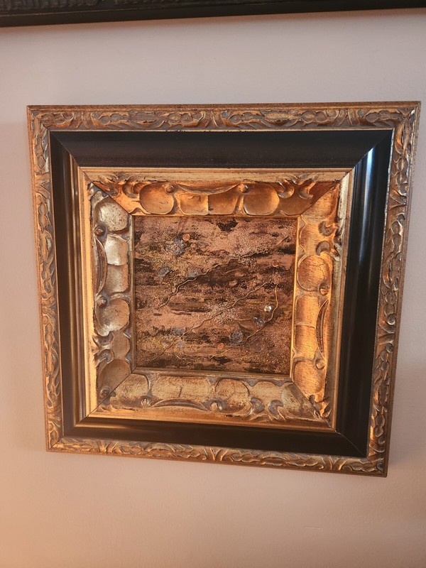 Gold and black vintage frame with abstract art glam art painting with glass