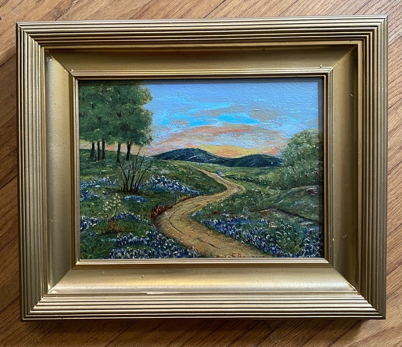 Antique Oil Painting- Bluebonnets With Luminous Skies-Hill Country Landscape gallery