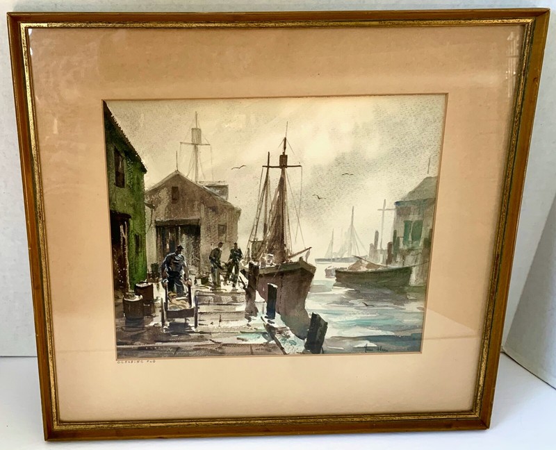 Signed JOHN(Cuthbert) HARE Watercolor PAINTING Titled ‘CLEARING FOG’ Dock/HARBOR