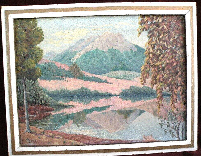 Northwest volcano and lake landscape painting impressionist signed Deffner 1951