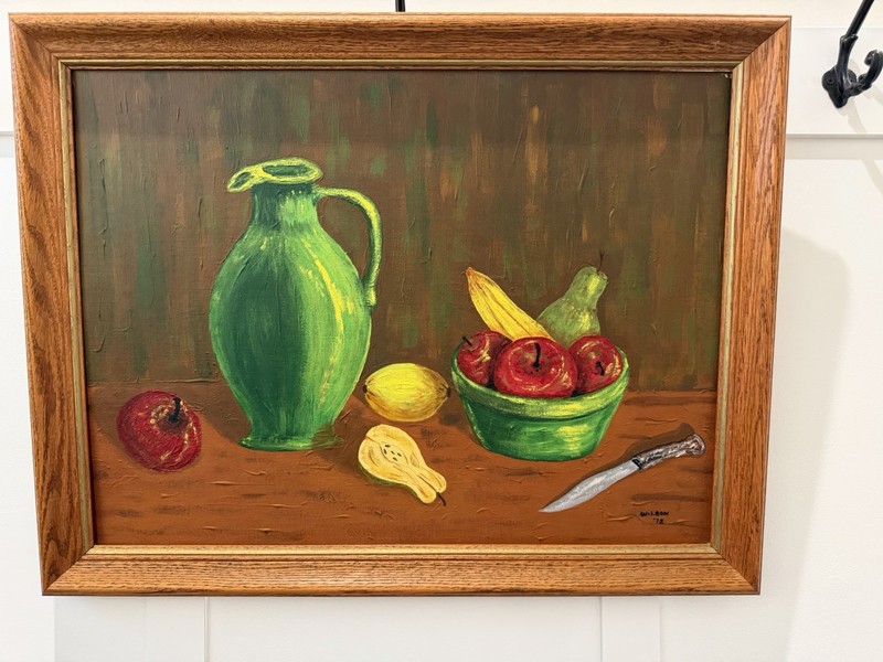 Vintage 1972 Original Signed Wilson Oil Still Life Painting Fruit Green Pitcher