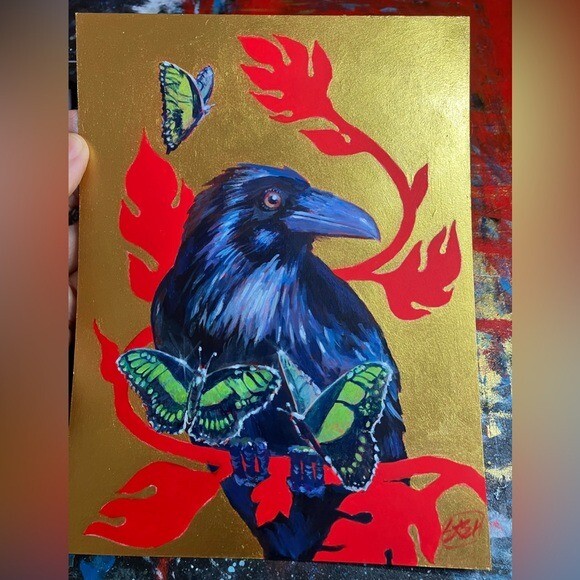 Raven Original Painting Butterfly Bird Art Gold artwork Red home Artettina USA gallery