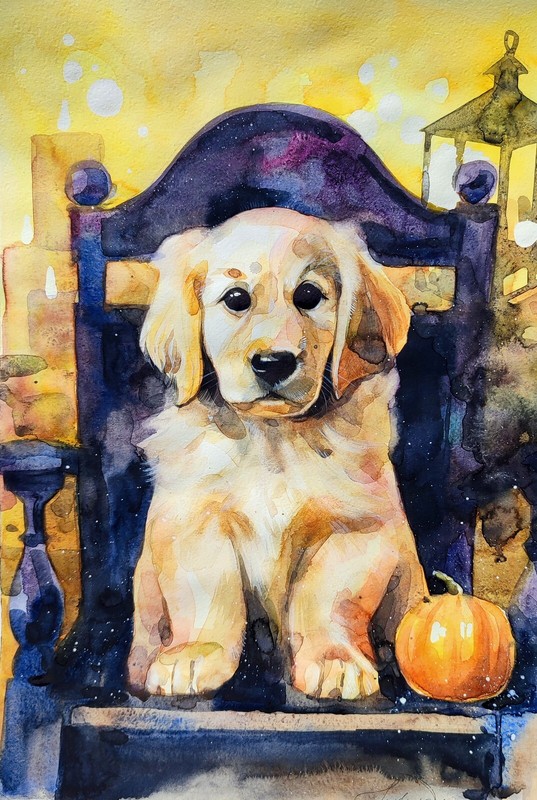 Original Watercolor Painting Golden Retriever Painting Halloween Wall Art