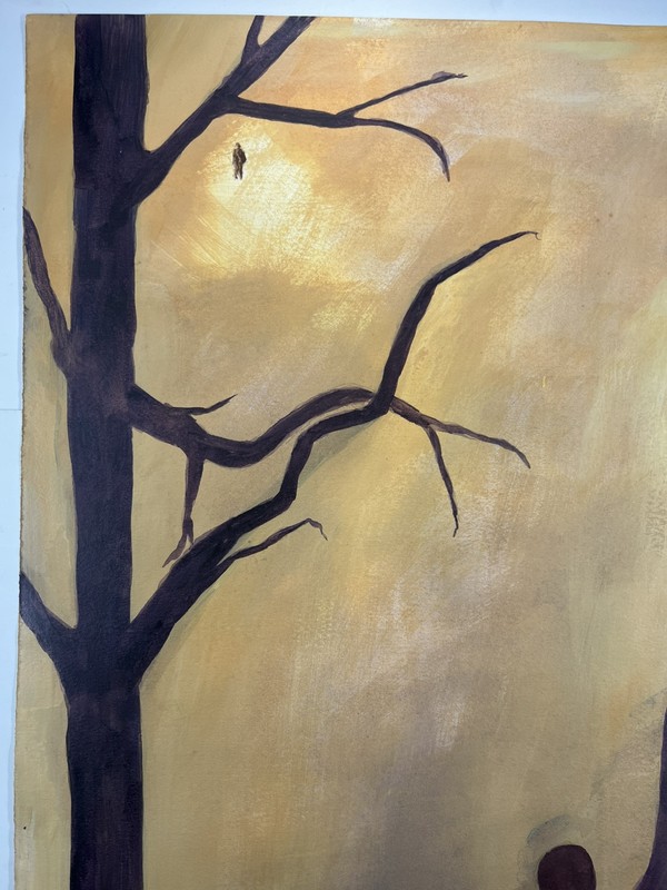 Watercolor Painting Women With Child In Fog - Lonely Tree Ghostly Figure 22x15” gallery
