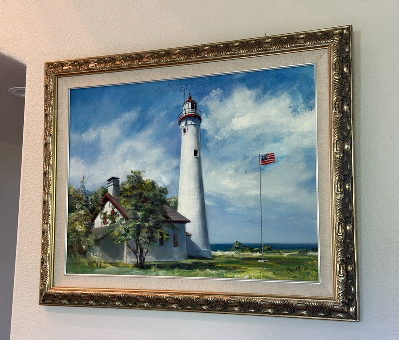 Original Signed Oil Painting – Lighthouse Coastal Landscape
