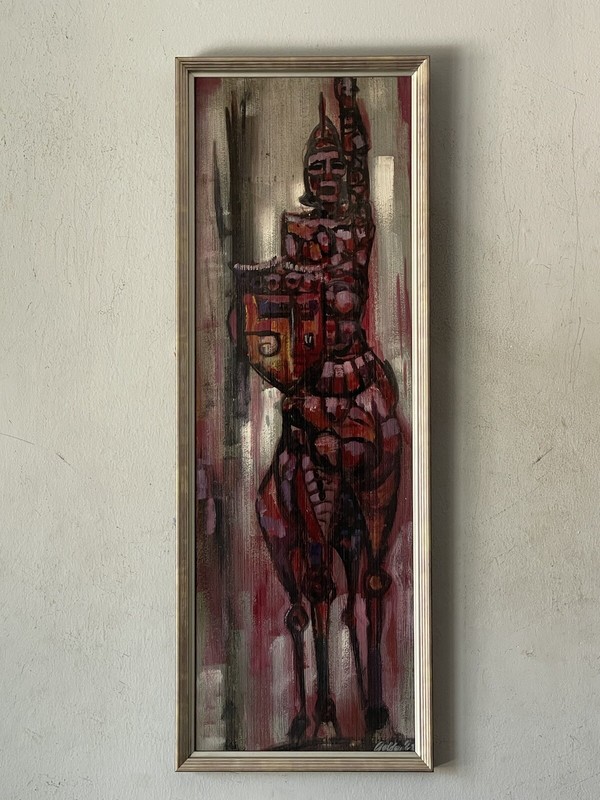 ANTIQUE MODERN ABSTRACT CUBISM OIL PAINTING OLD VINTAGE KNIGHT WARRIOR 1962 gallery