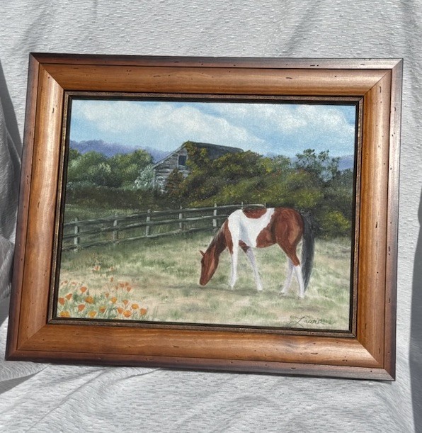 Painting Half Moon Bay: Horse, Barn, Poppies 14” X 17” signed with COA gallery