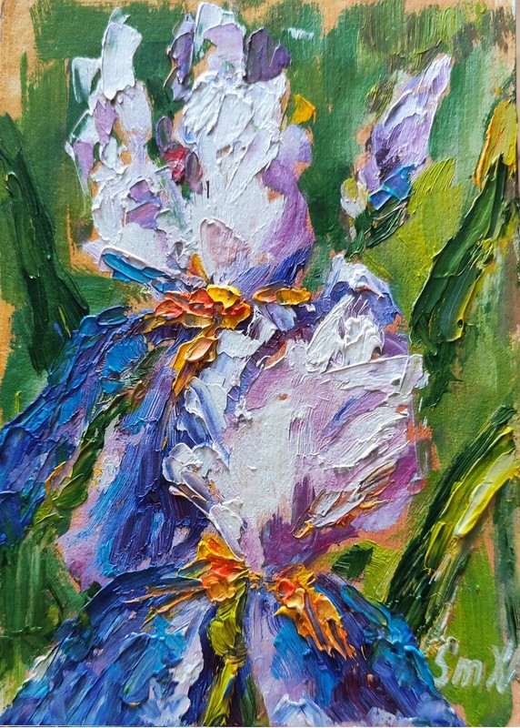 Original Art White Blue Irises Texture Oil Mini Painting Impressionism Floral
