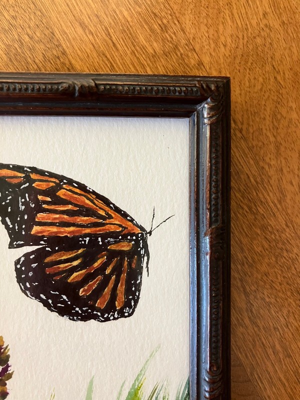 Original Watercolor Painting in VTG Wood Frame; Butterfly, Flower; 4 1/8 x 6 7/8 gallery