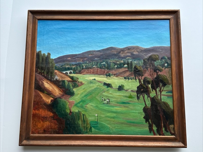 ANTIQUE PAINTING EARLY CALIFORNIA MID CENTURY WPA STYLE GOLF COURSE GOLFING 26"