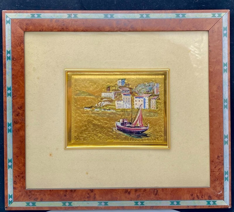 VTG ITALIAN 23k GOLD MINIATURE PAINTING 6.3", PORT VIEW, WOOD FRAME, SIGNED vg gallery