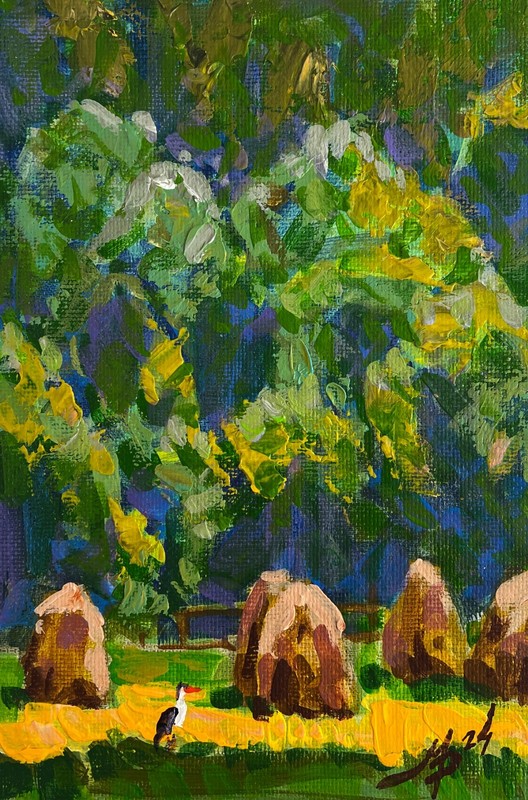 Acrylic Painting Warm Day By The Haystacks M. Patskan Unframed Original nAAA4870