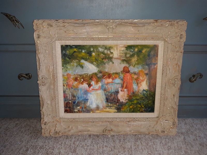 Vintage Paris Impressionist Cafe Scene Painting