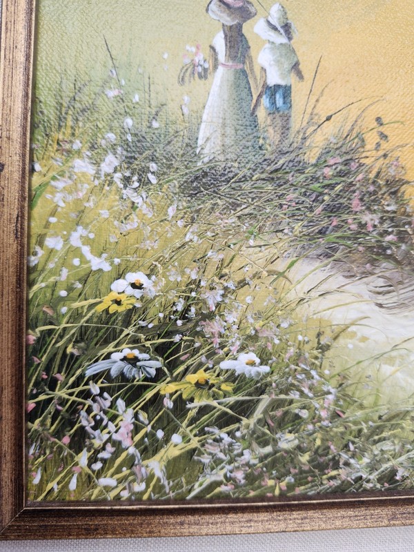 J Fenton Framed Oil Painting Children Flowers & Seagulls on Beach Signed gallery