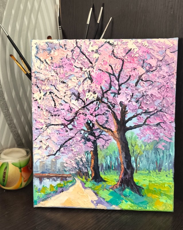 Original Oil Painting Cherry Blossoms Trees on stretched canvas 30X25cm Signed gallery