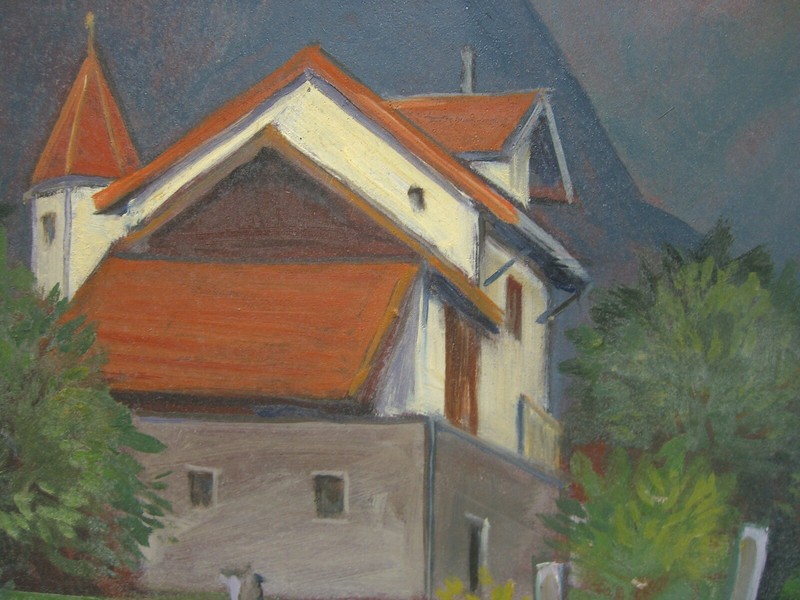 ::VILLA IN THE ALPS SUMMER WARM GREEN BLOOMING RED ROOF MOUNTAIN HILLS ANTIQUE gallery