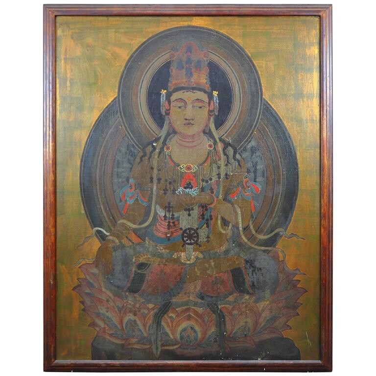Large Scale Vintage Medicine Buddha Painting Ausadhi Badhai Antique Oil on Board
